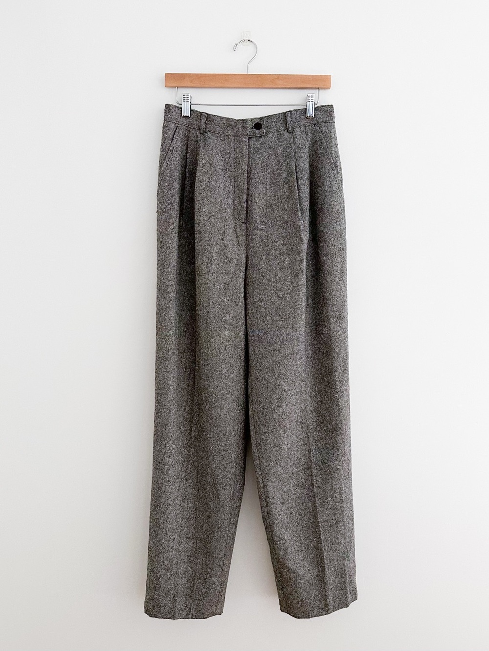 Vintage 90s Wool Blend Trousers Gray Tweed High Rise Wide Leg Tapered Size 12